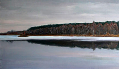 Oil painting Autumn Balance by Leonid Pavlenko: frozen lake and cliffside
