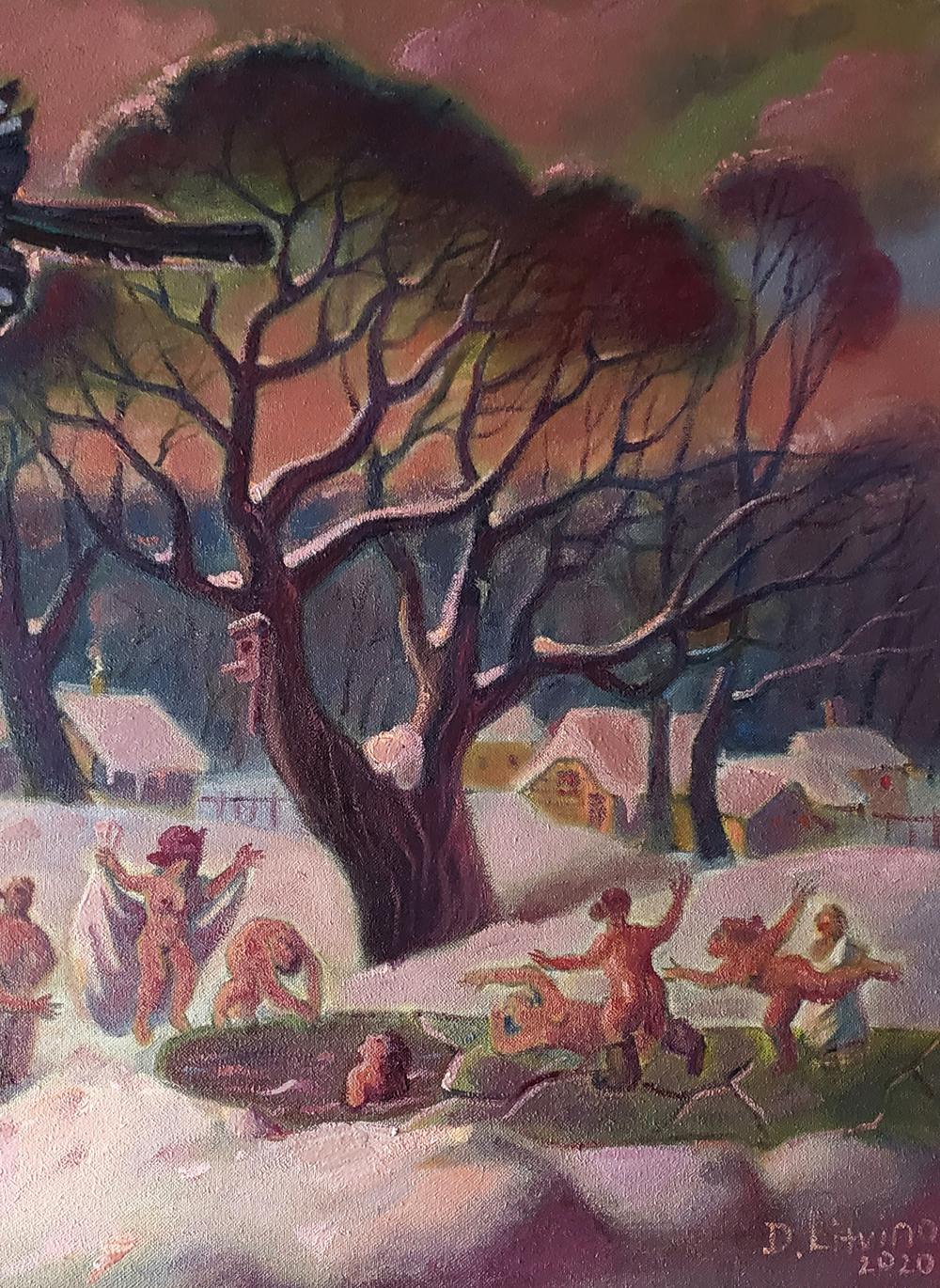 Surreal winter evening oil painting by Daniil Litvinov with snow houses
