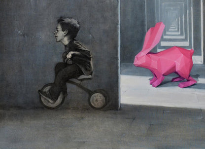 Vibrant pink geometric rabbit sculpture by Oleg Kateryniuk oil painting