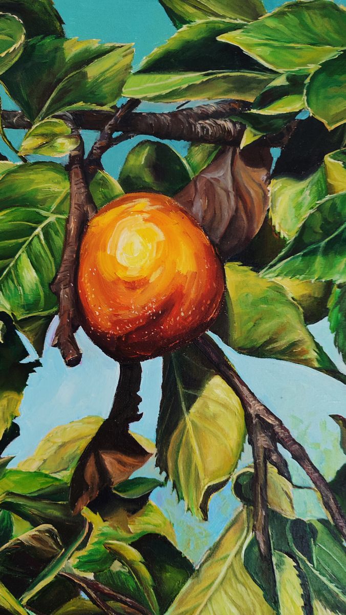 Oil painting of vibrant orange persimmon on tree by Oksana Sklym