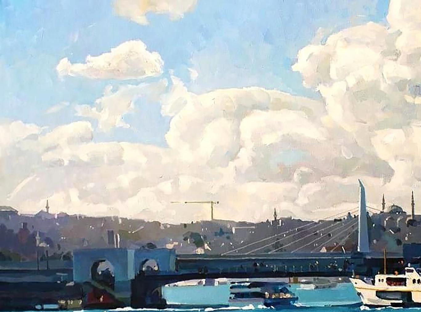 Oil painting of modern suspension bridge by Anastasia Yaroshevich