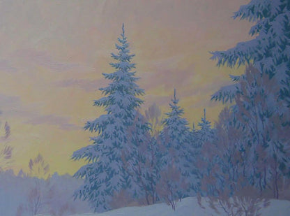 Oil painting Winter sleep in the forest by Valery Savenets, snowy evergreens at twilight