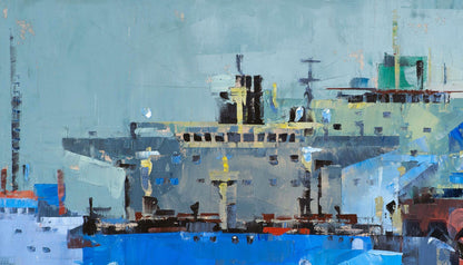 Oil painting of big cargo ship by Volodymyr Gluhomanyuk