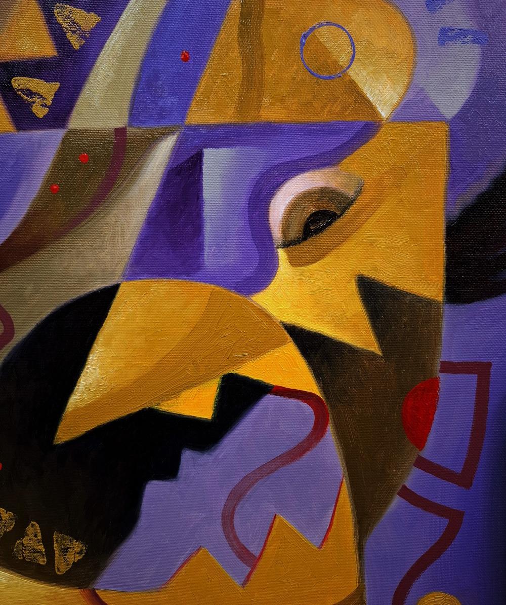 Vibrant abstract portrait by Drakkar Sergiy Voichenko in purple gold black