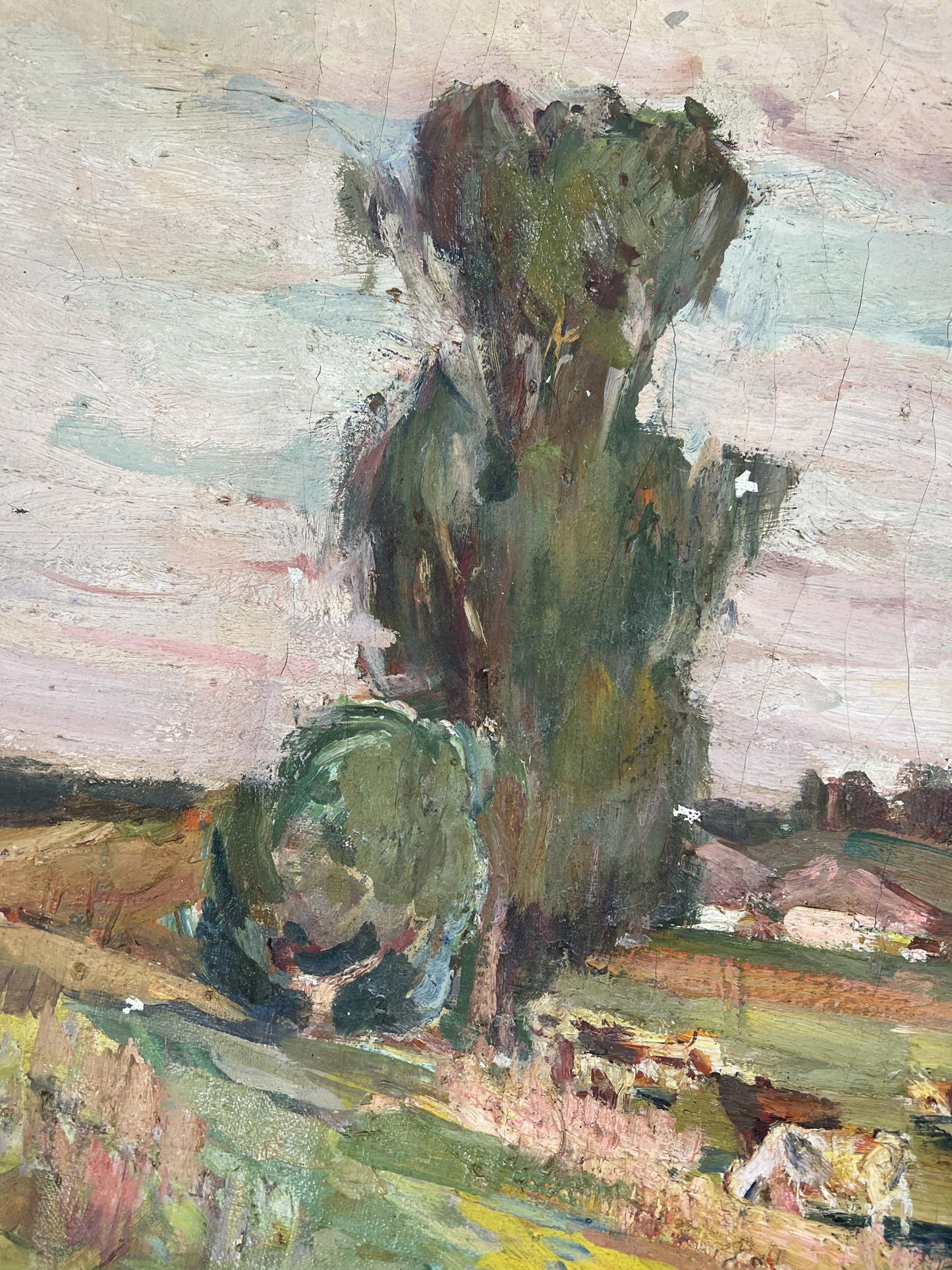 Textured oil painting of tall green tree by Yuri Lyubavin with river steppe