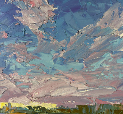 Oil painting September calm by Boris Serdyuk, abstract blue teal pink gray textures
