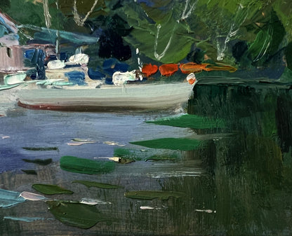 Oil painting of white village boats on ferry by Yuriy Suprunchuk