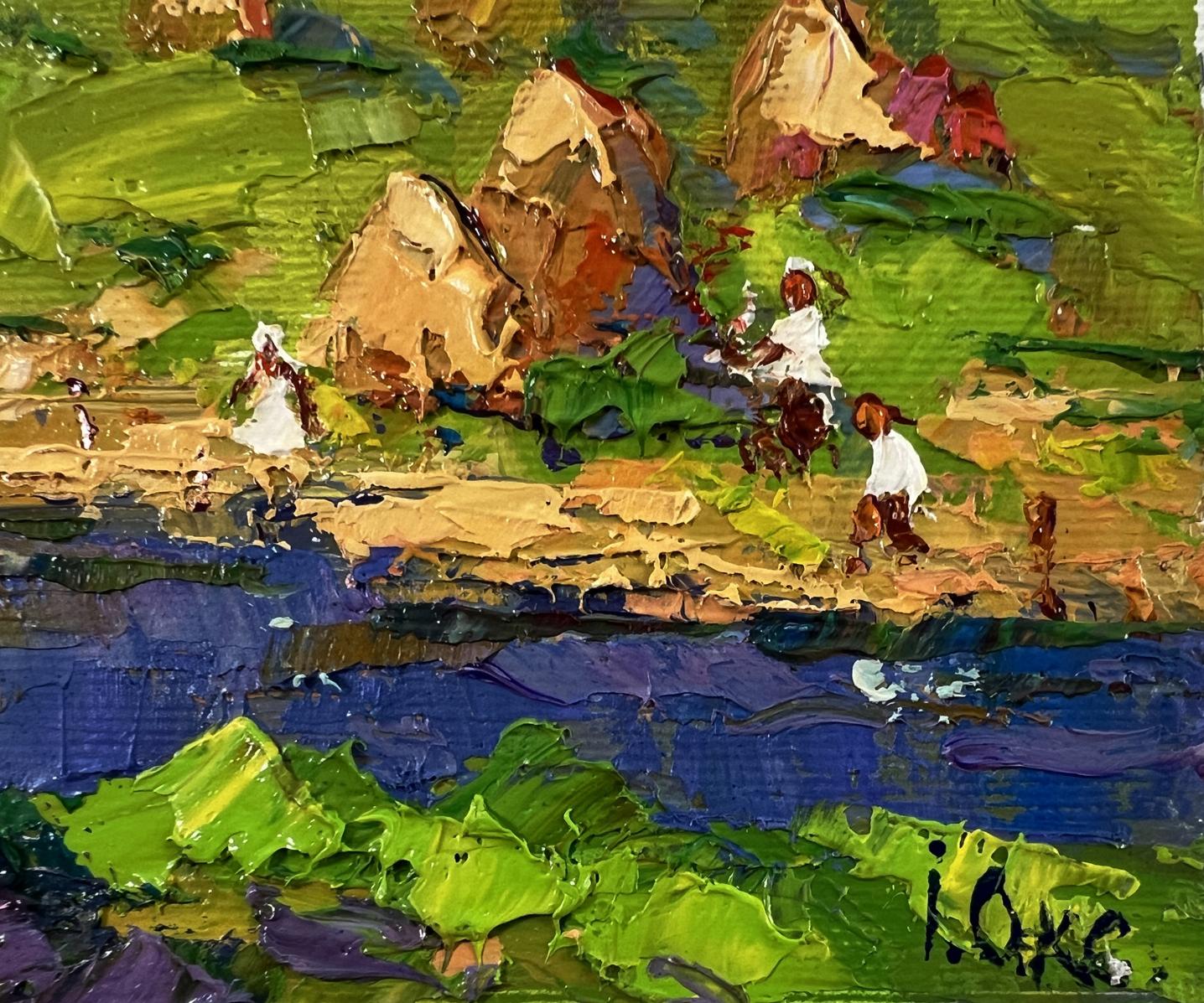 Vibrant impressionist oil painting by Oksana Ivanyuk: children in white dresses by river