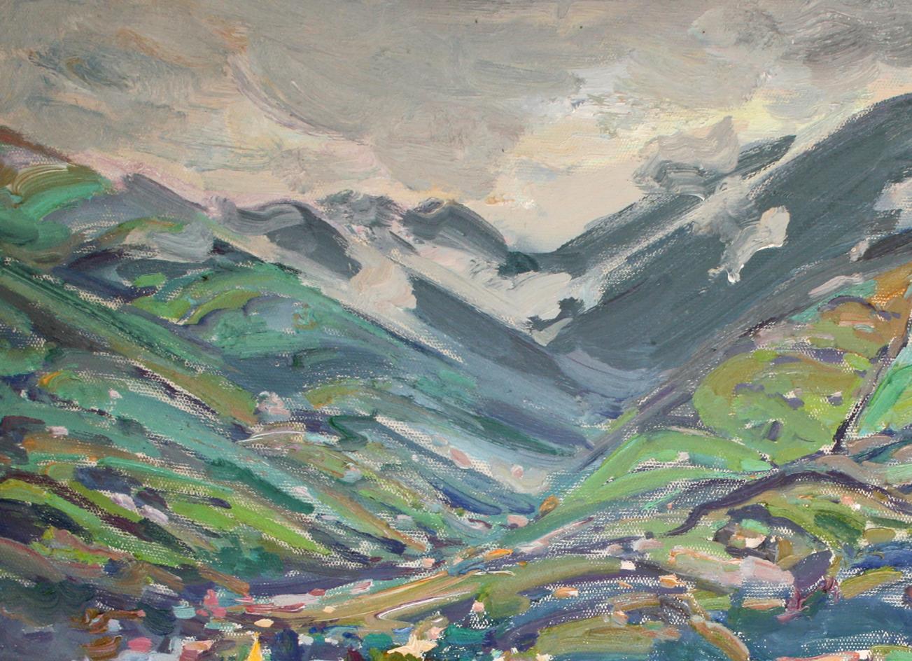 Vibrant impressionist oil painting by Leonid Pavlenko: green hills, snowy mountains