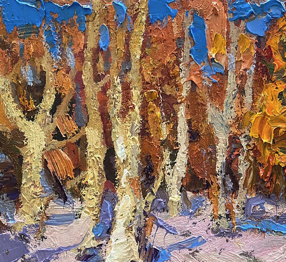 Oil painting of snowy forest by Oleksiy Ivanyuk with autumn impasto trees