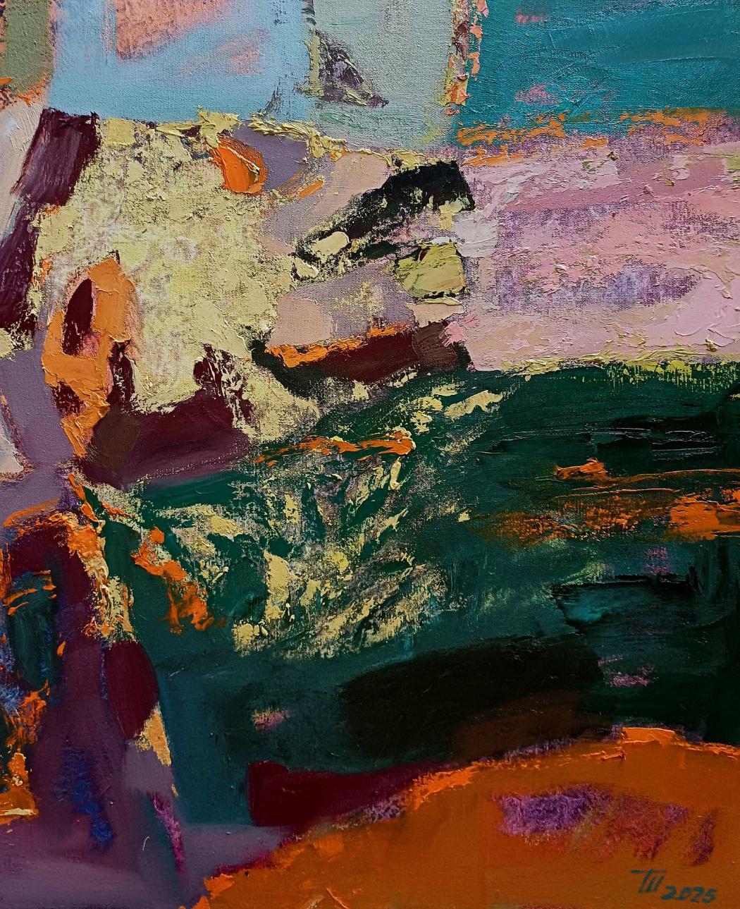 Abstract teal orange purple green oil painting Summer season dream of travel by Tatyana Shulyak