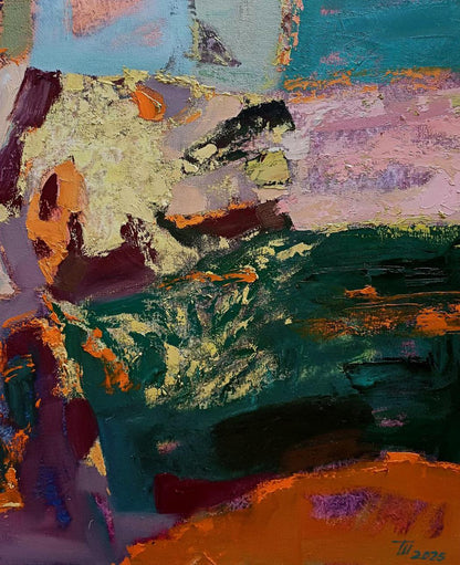 Abstract teal orange purple green oil painting Summer season dream of travel by Tatyana Shulyak