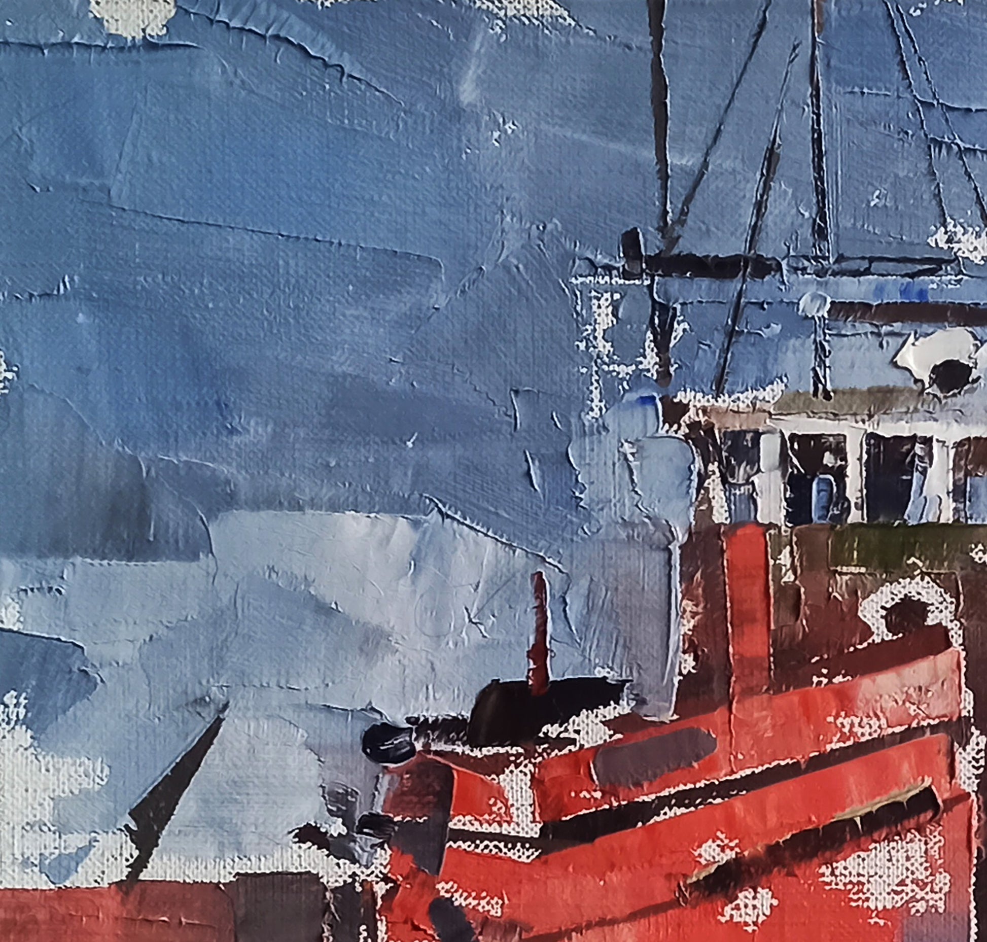 Oil painting of bold red fishing boat by Volodymyr Gluhomanyuk