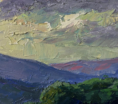 Oil painting of mountain sunset by Boris Serdyuk with impasto hills and sky