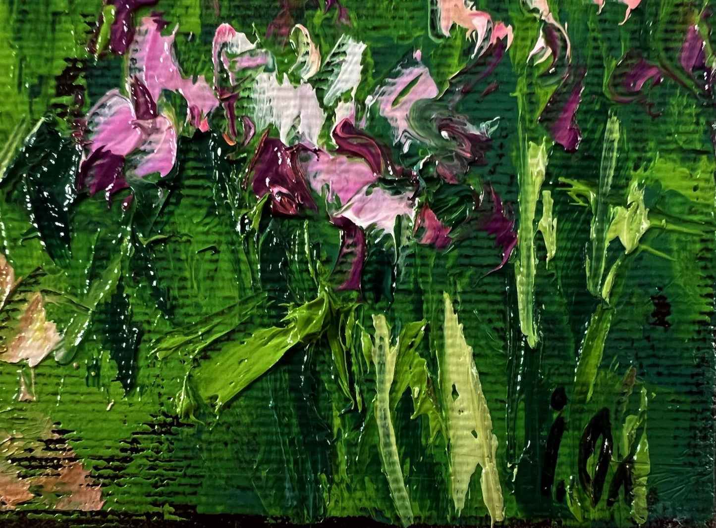Vibrant pink purple flowers on textured green stems by Oleksiy Ivanyuk oil painting