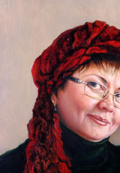 Oil painting Modest Valeriy Bulat of deep red knitted headscarf with braids