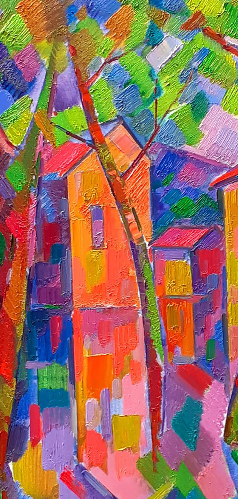 Vibrant oil painting of houses through trees by Peter Dobrev with bold textured strokes