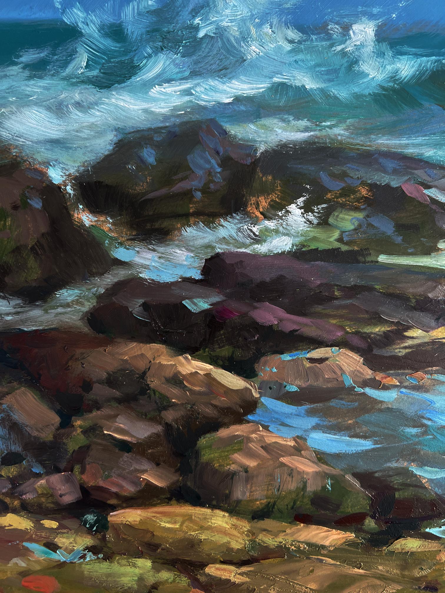 Oil painting Seashore with people by Yuriy Suprunchuk: turquoise waves crashing on mossy rocks