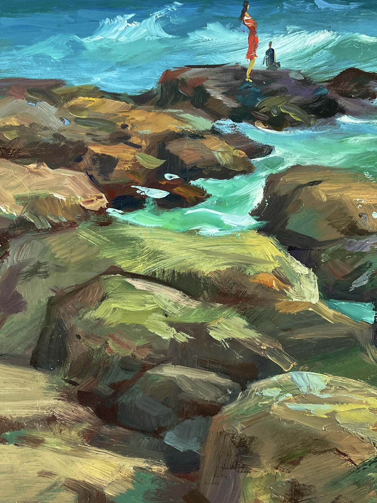 Oil painting of rocky shoreline with turquoise waves by Yuriy Suprunchuk