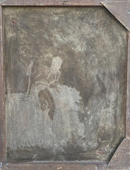 Weathered dark-toned oil painting Through the Crossing in rustic frame