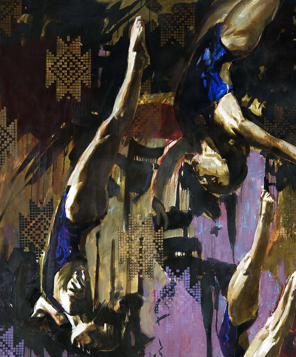 Oil painting Gravity Ed Potapenkov with dynamic figures in gold, purple, black