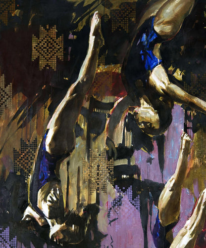Oil painting Gravity Ed Potapenkov with dynamic figures in gold, purple, black