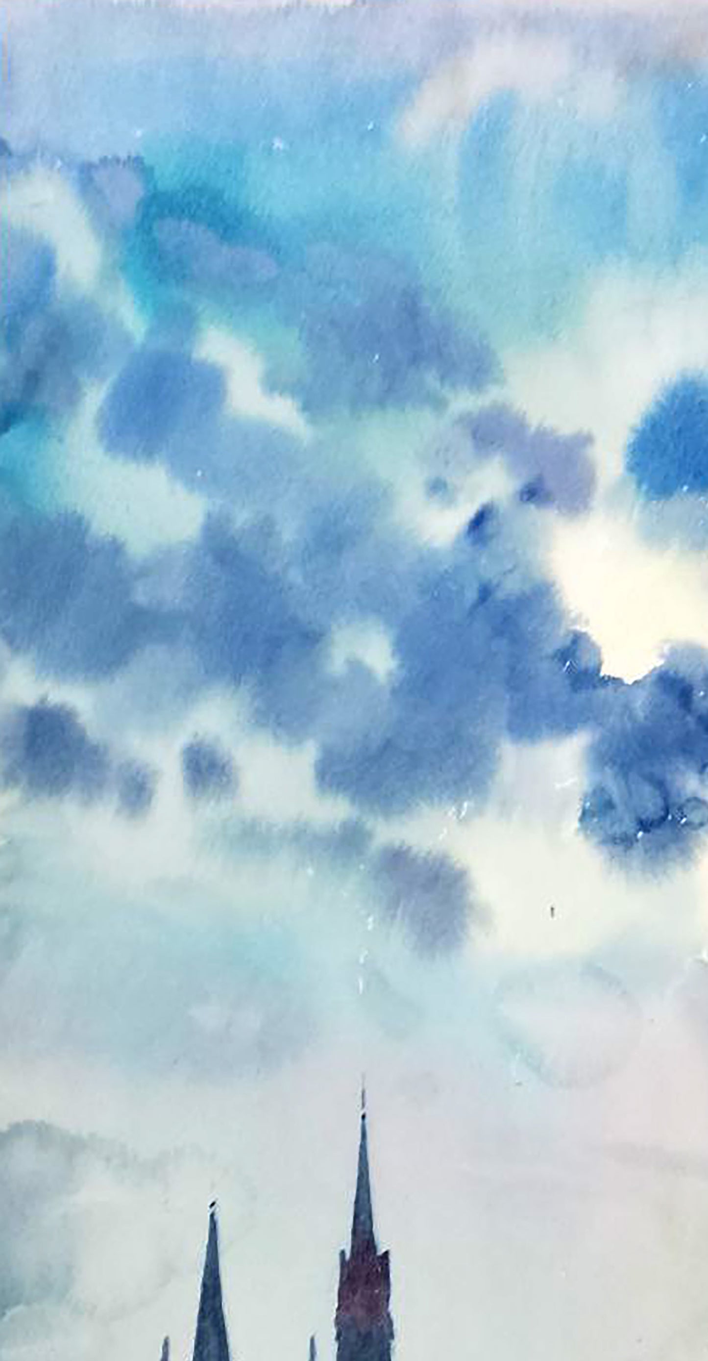 Watercolor painting of city street church spires by Vitaly Duhnevich