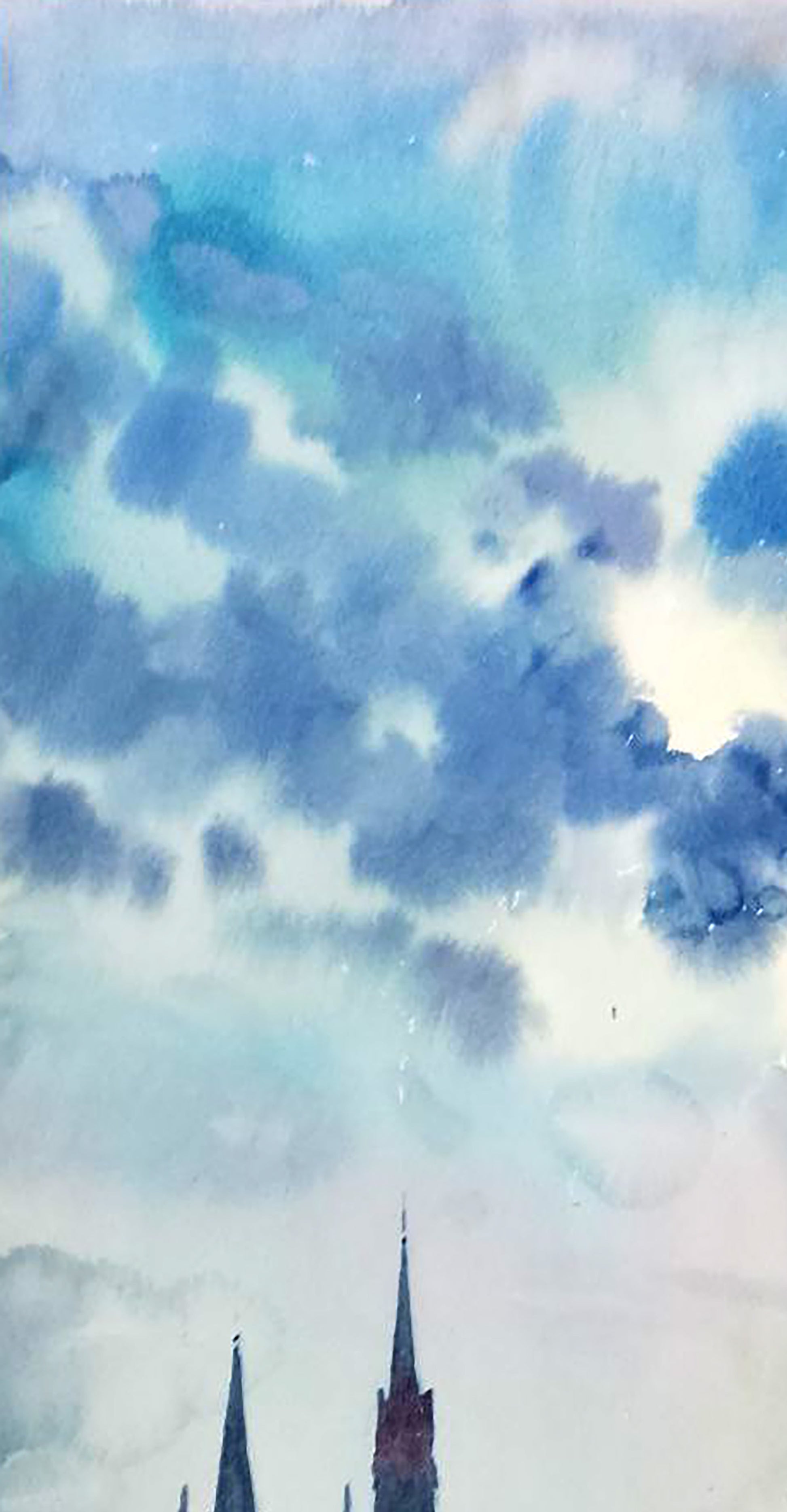 Watercolor painting of city street church spires by Vitaly Duhnevich