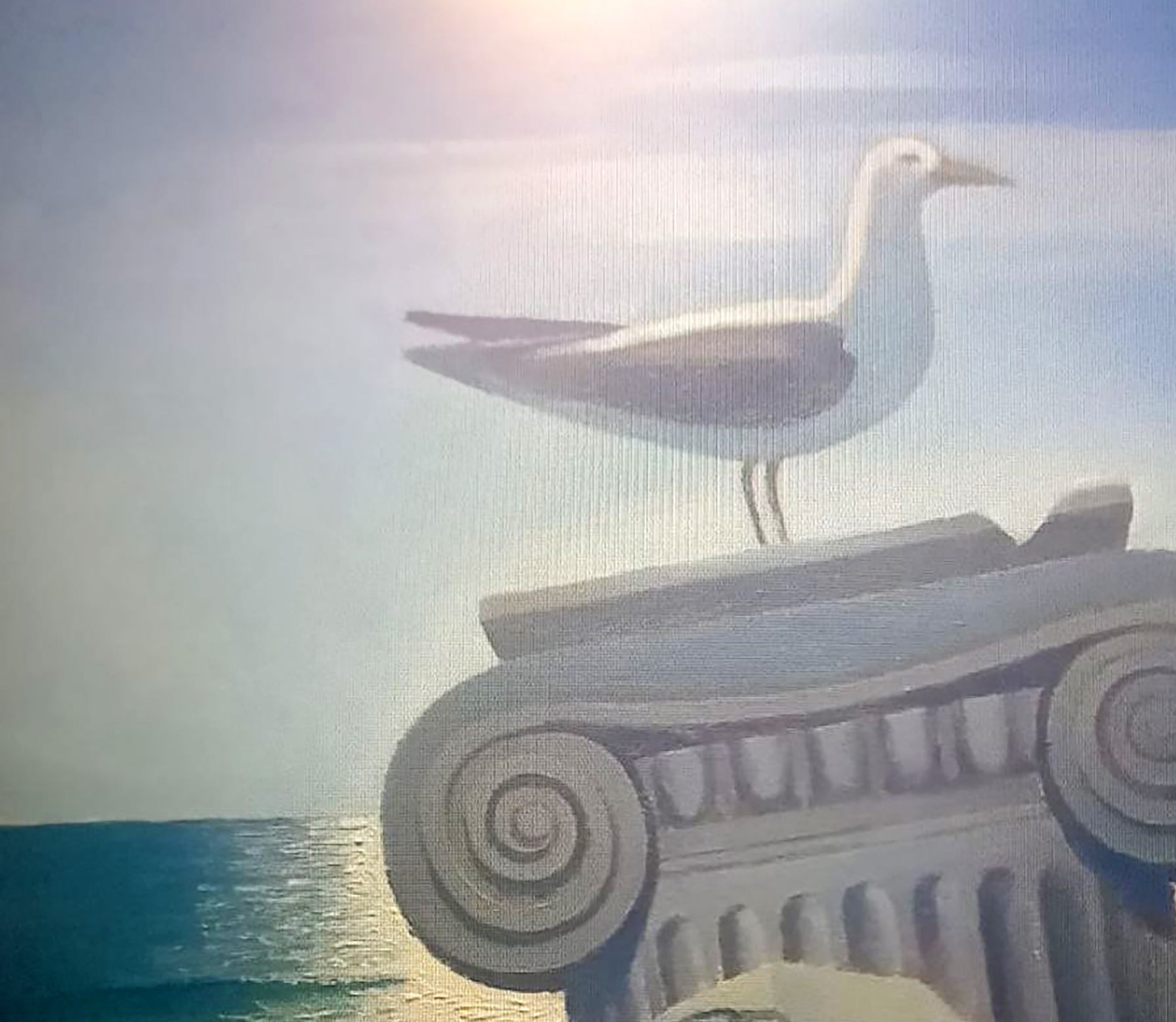 White gray seagull on classical stone column in Strashevich ruins oil painting