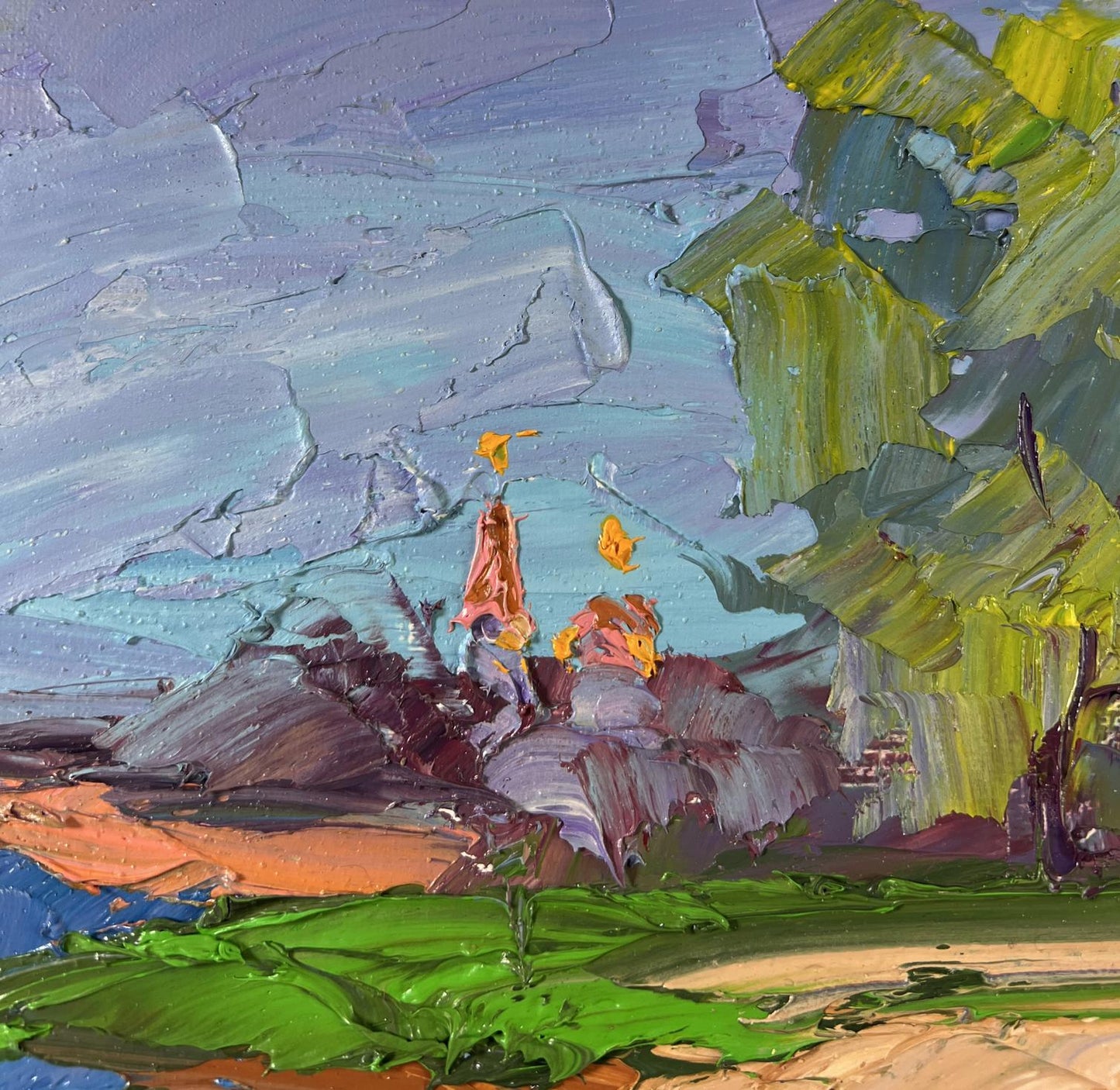 Vibrant impressionist oil painting of summer river bank by Boris Serdyuk