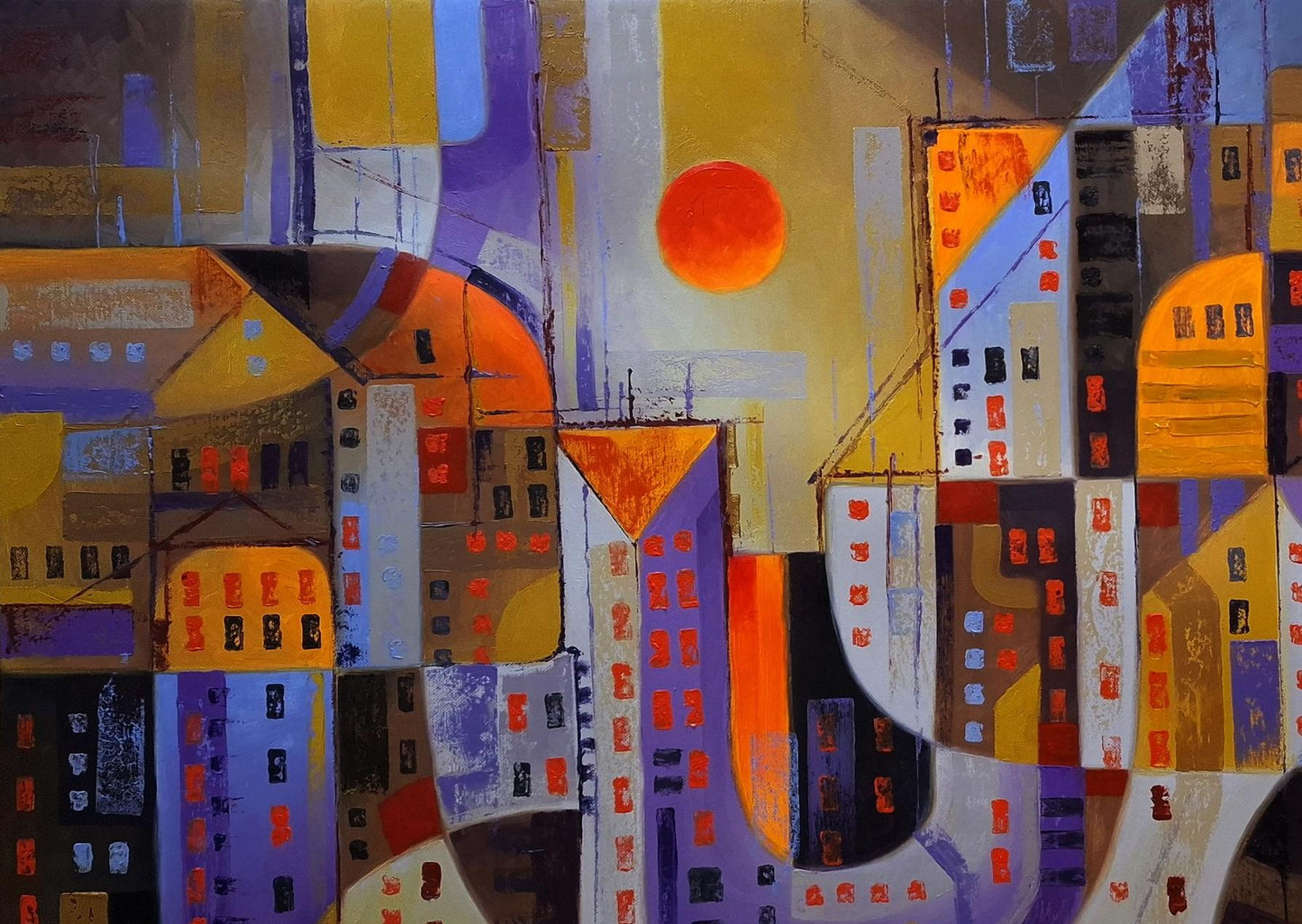 Vibrant abstract cityscape oil painting Urban sunset by Sergiy Voichenko