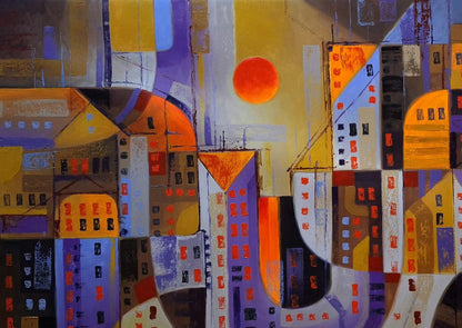 Vibrant abstract cityscape oil painting Urban sunset by Sergiy Voichenko