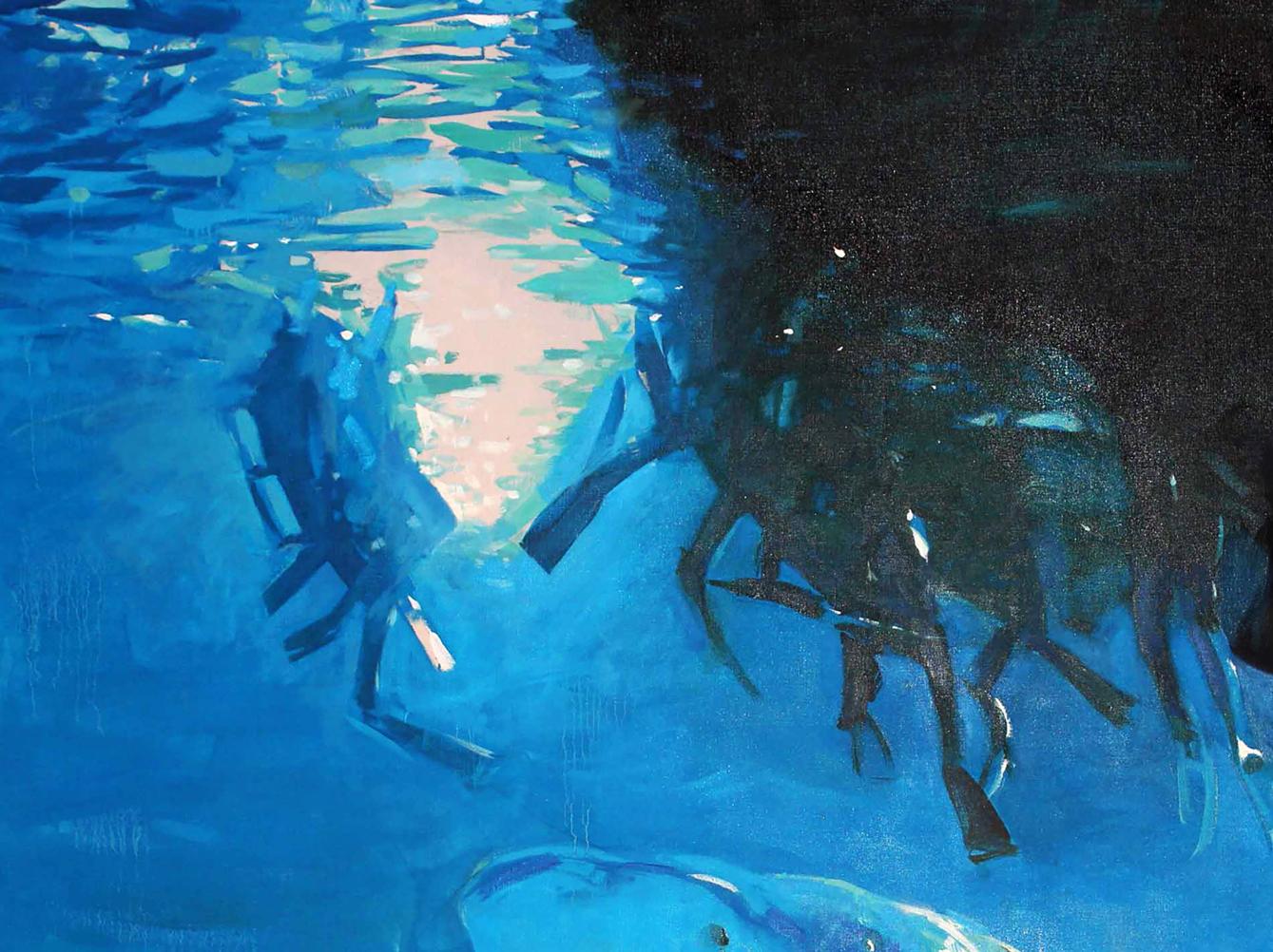 Vibrant blue underwater oil painting We didn’t wait by Ed Potapenkov with divers and whale