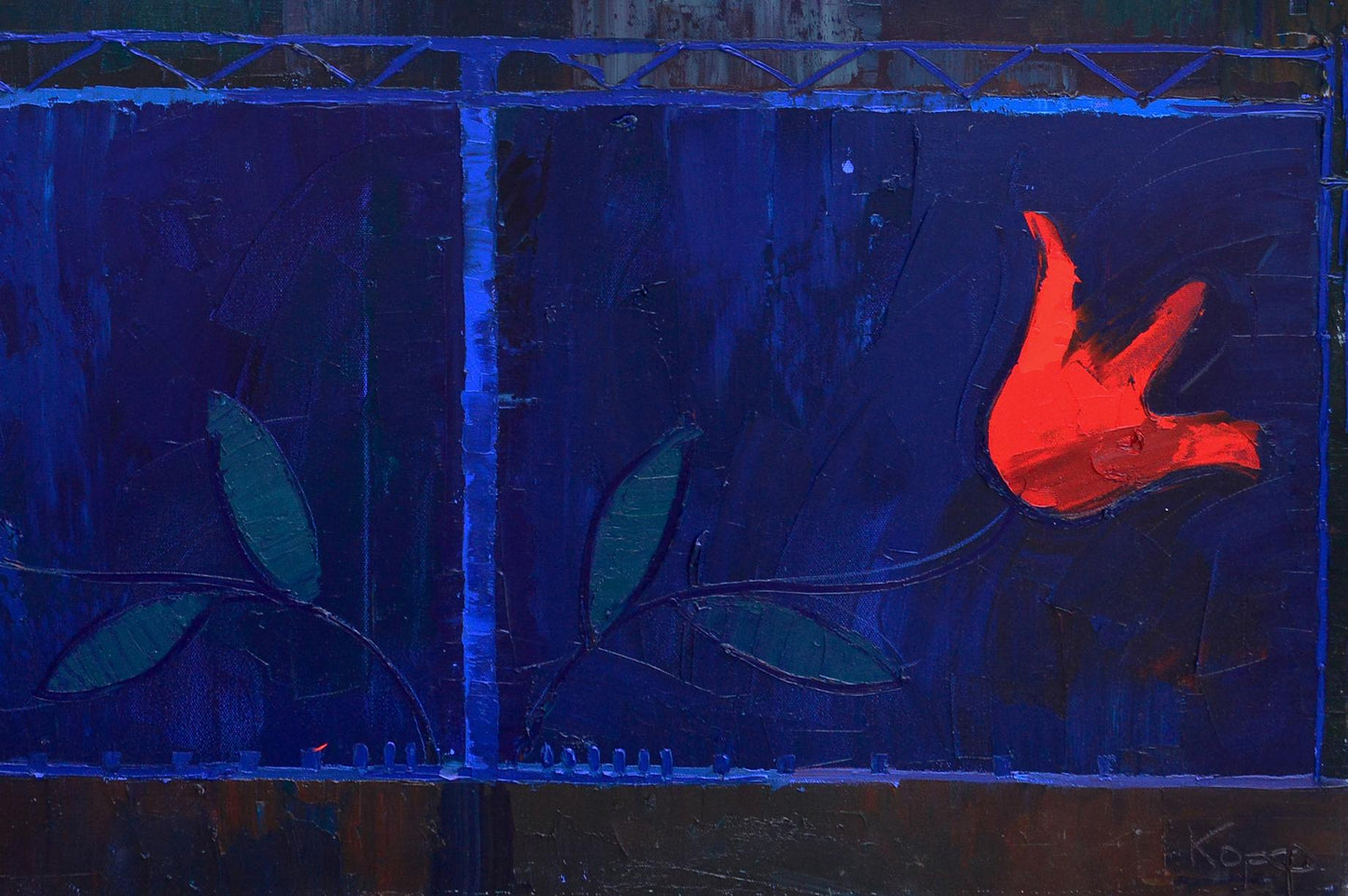 Vibrant red abstract bird oil painting by Natalia Korf-Ivaniuk on blue background
