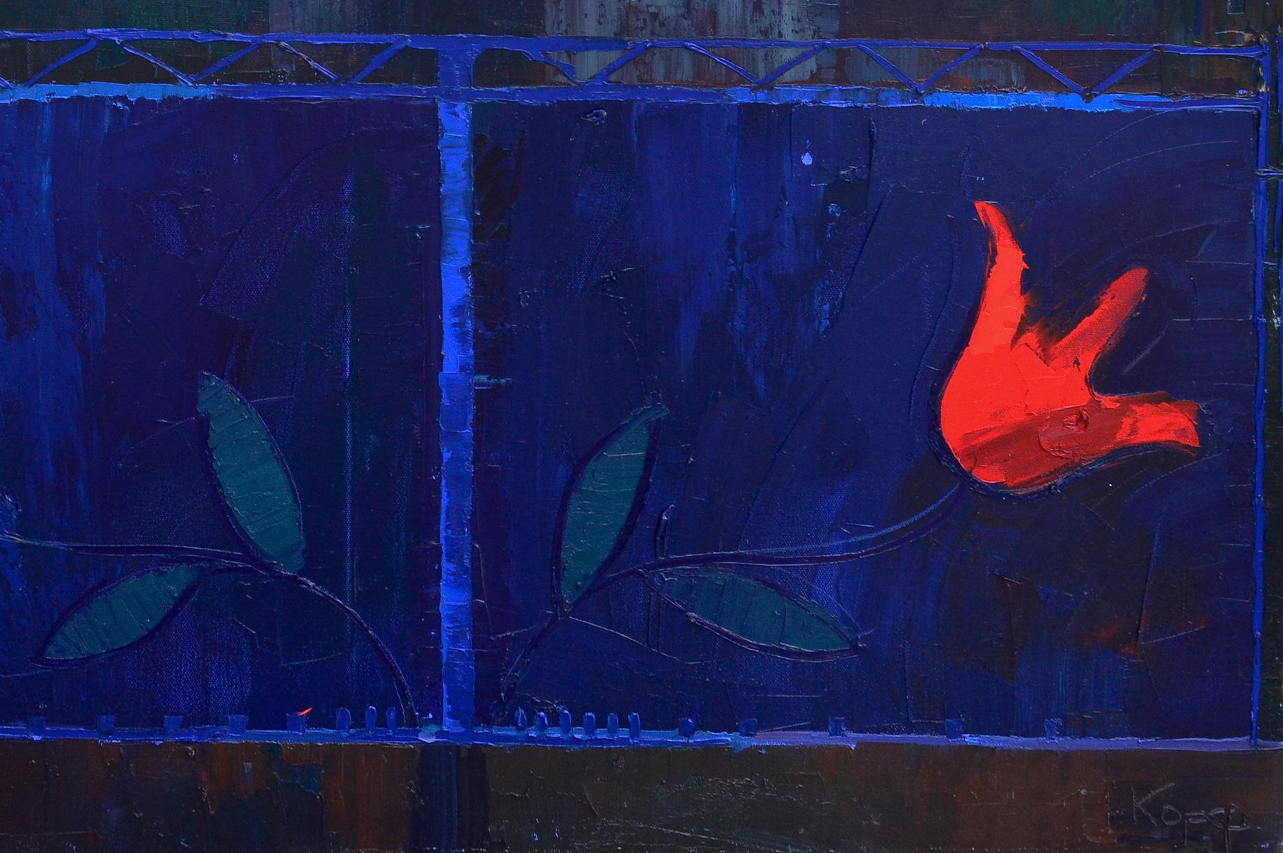 Vibrant red abstract bird oil painting by Natalia Korf-Ivaniuk on blue background