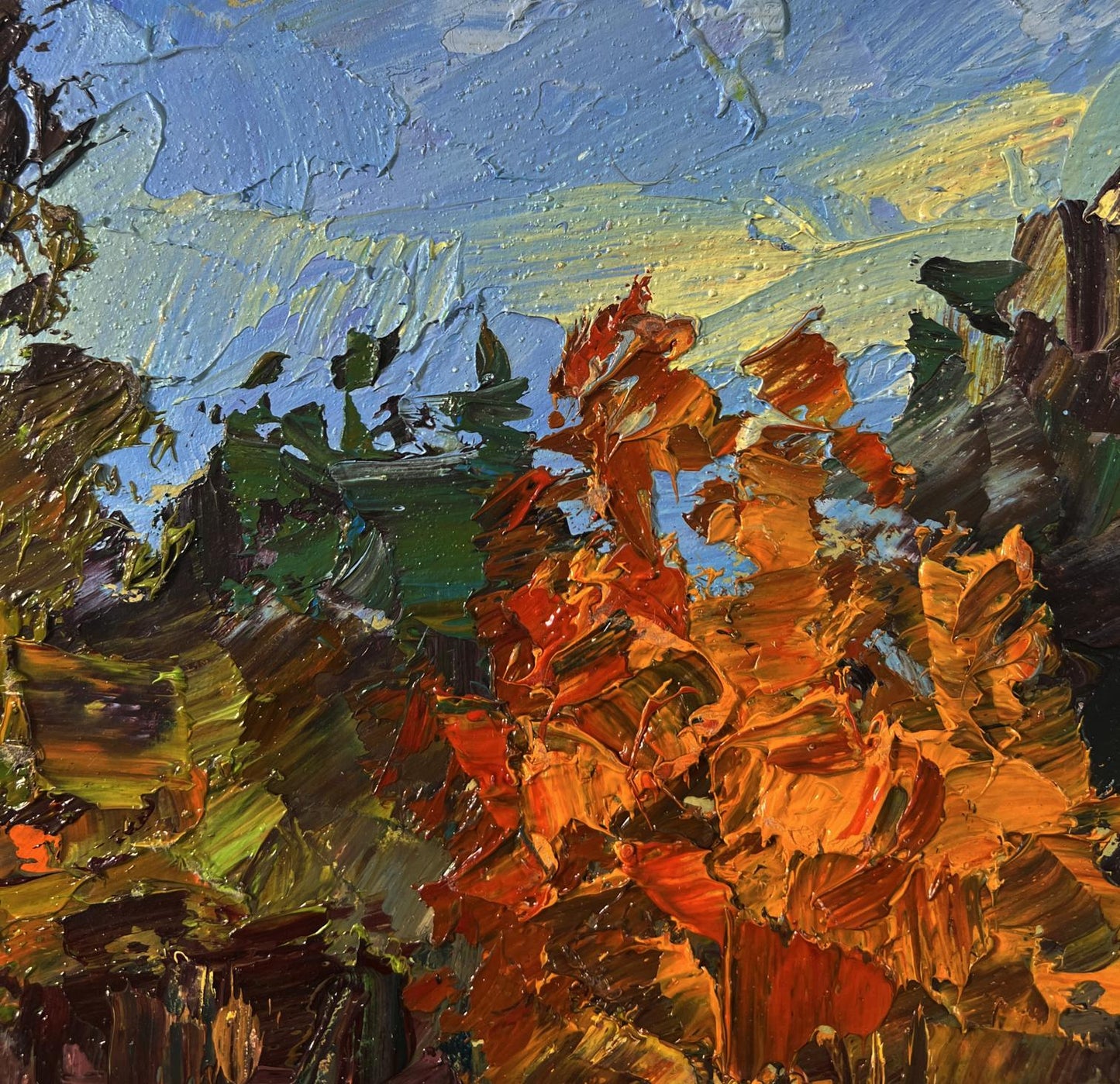 Oil painting The first snow fell by Boris Serdyuk with vibrant autumn foliage