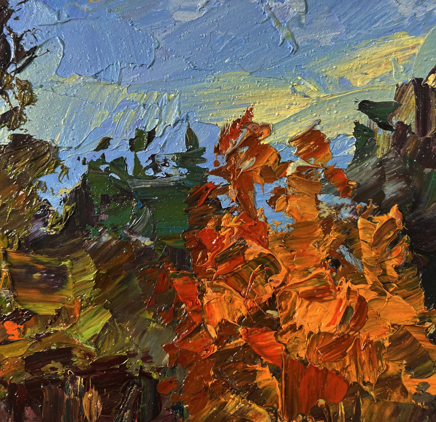 Oil painting The first snow fell by Boris Serdyuk with vibrant autumn foliage