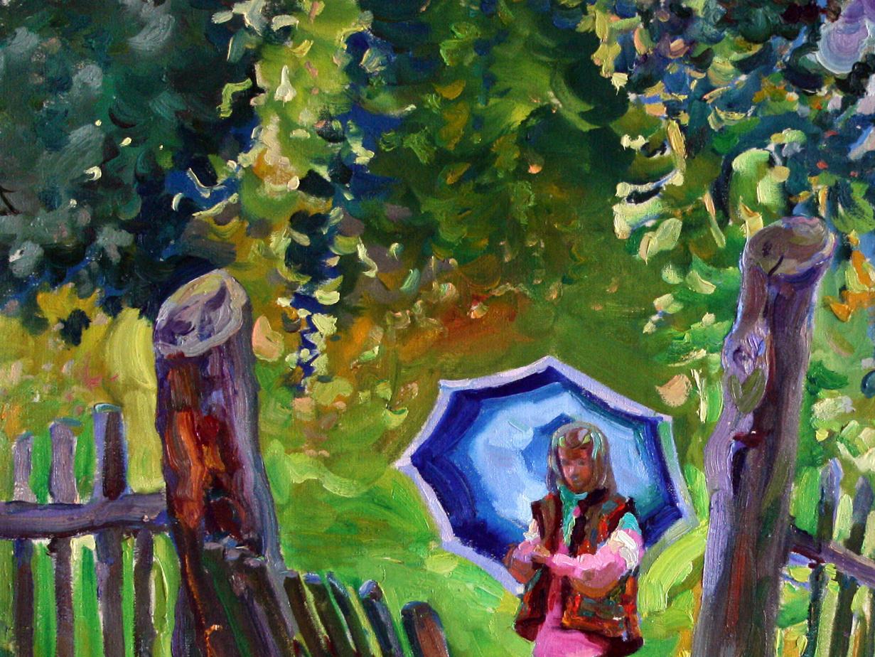Oil painting Summer rain Leonid Pavlenko: vibrant blue umbrella with white rim in outdoor scene