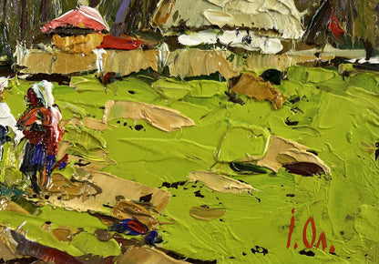 Vibrant impressionist oil painting Neighbors in the summer garden by Oleksiy Ivanyuk