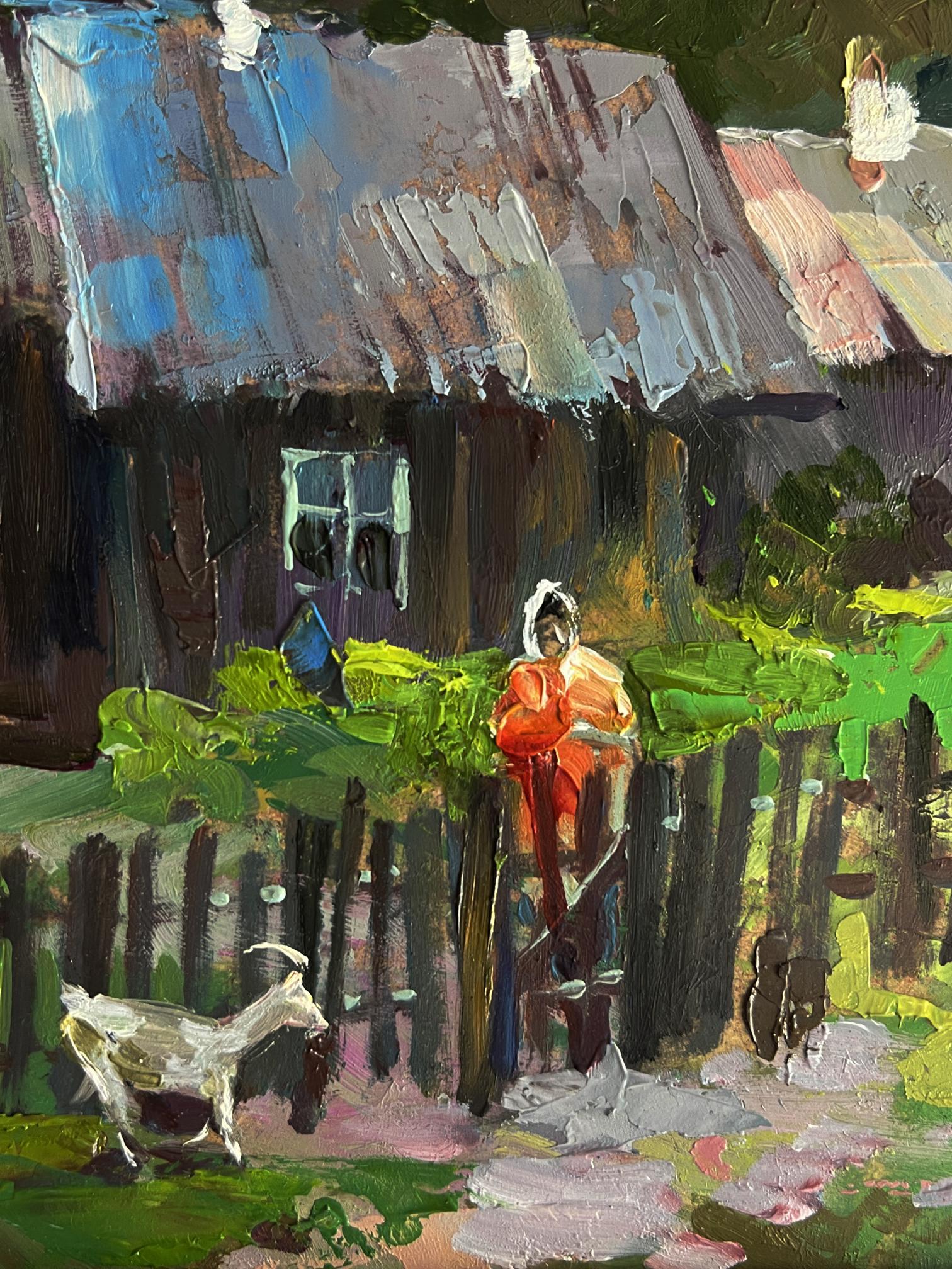 Oil painting of rustic wooden house by Yuriy Suprunchuk with figure in orange coat