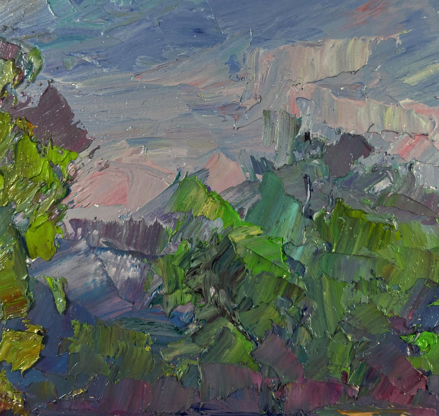 Oil painting Morning walk along the river by Boris Serdyuk with vibrant green purple impasto foliage