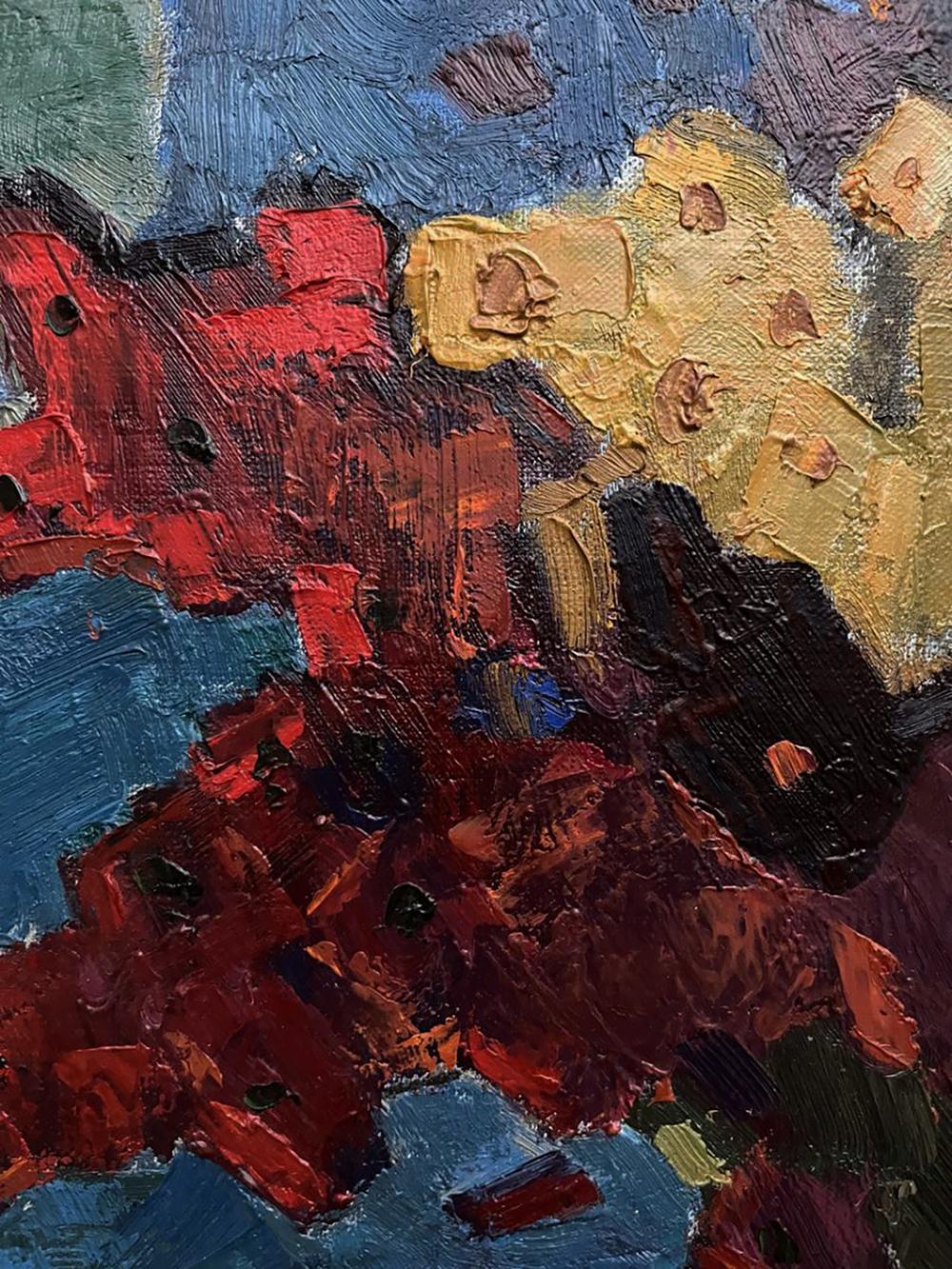 Oil painting Autumn flowers and fruits by Oleksandr Andreev with bold textured strokes