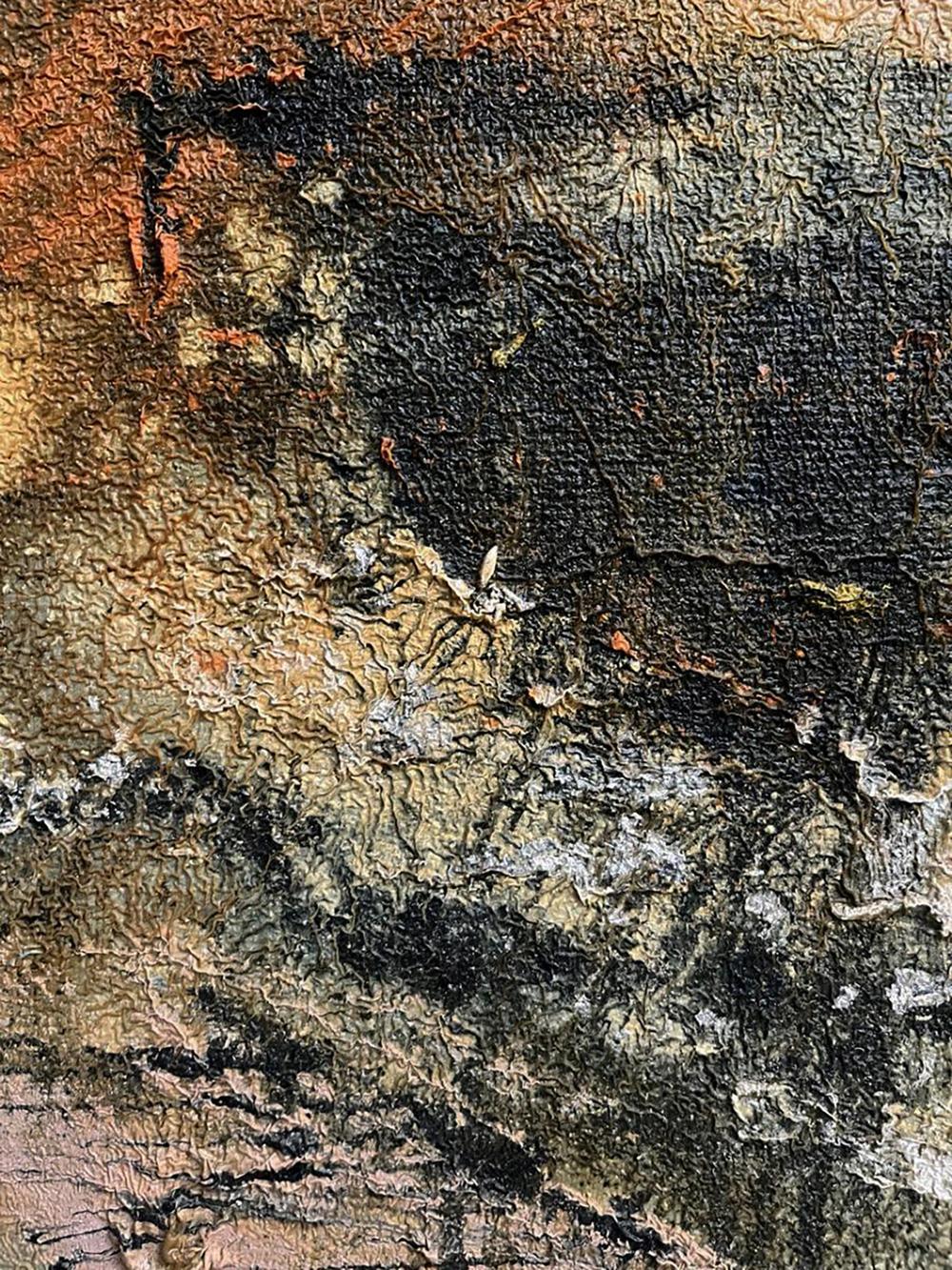 Oil painting Contrary to by Serhiy Kovalev: abstract textured canvas in earthy black, brown, beige tones
