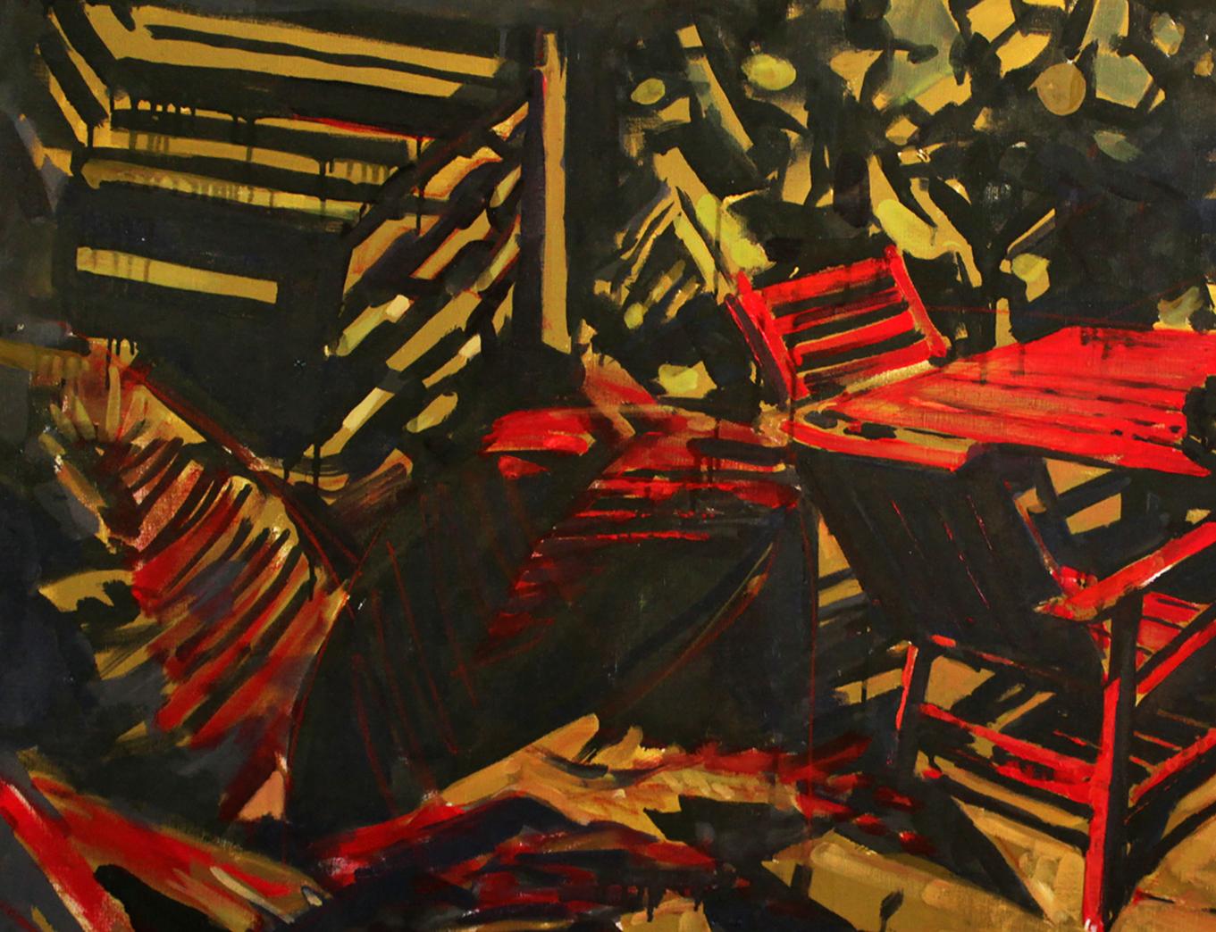 Bold red wooden chair oil painting Heat Ed Potapenkov on dark abstract background