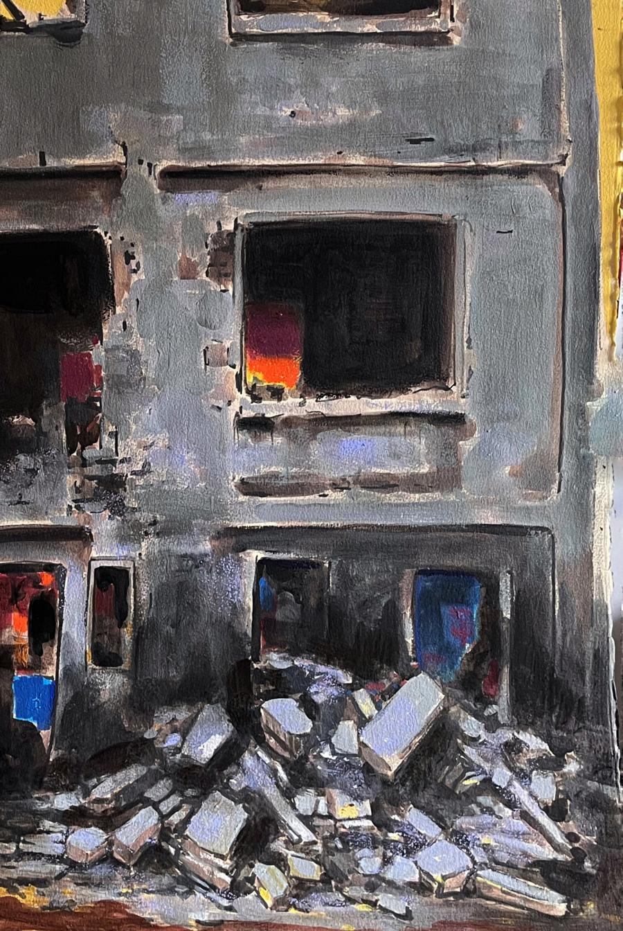 Acrylic painting Memory of the Wall by Juan Angel Gonzalez de la Calle, textured gray building with broken windows and rubble