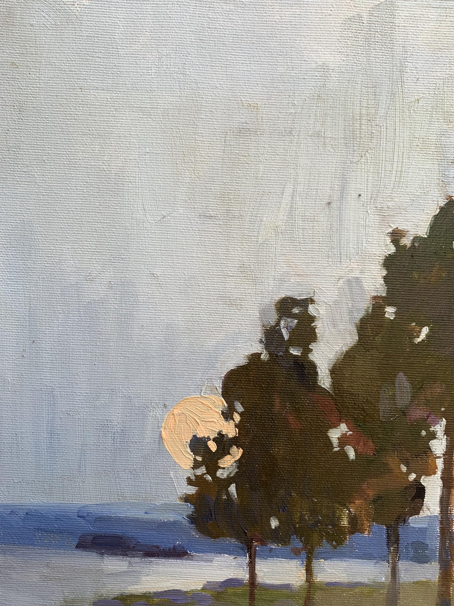 Oil painting Temple by Tatyana Derdey: dark tree silhouettes on pale sky