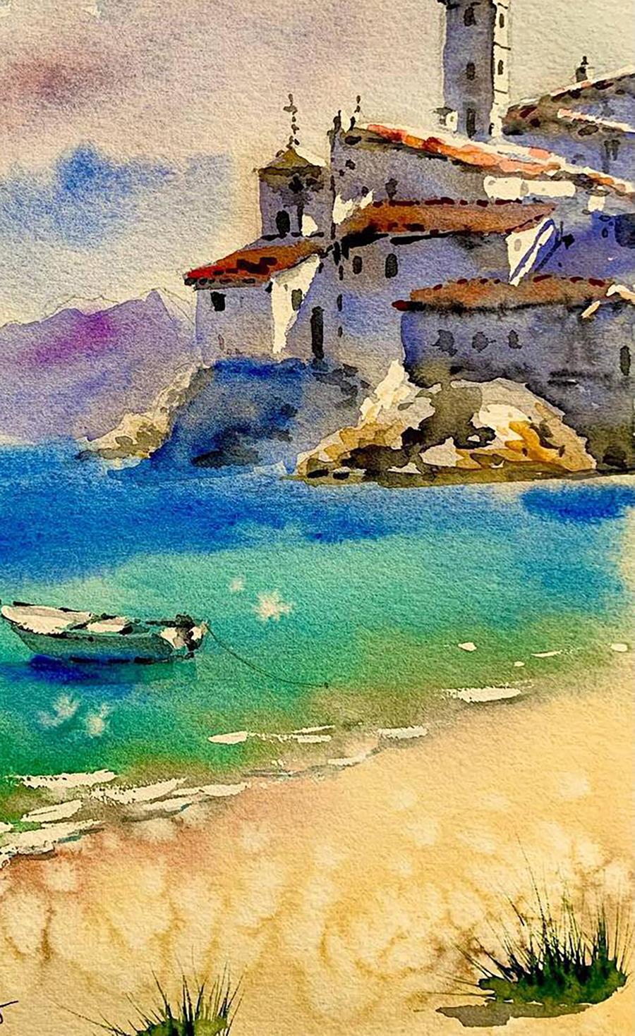 Watercolor painting Stone City on the Shore Olena Klimenko