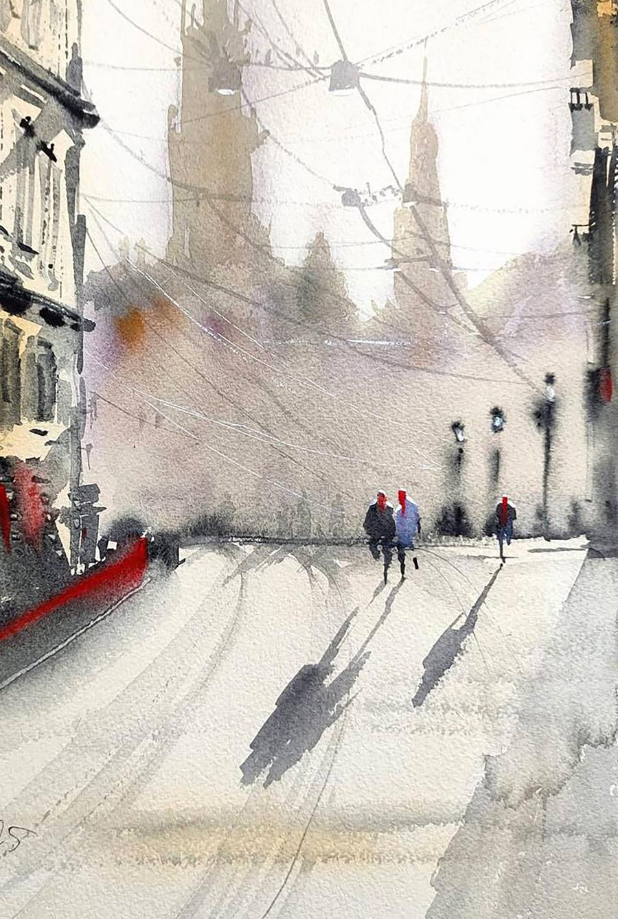 Watercolor painting Winter Morning in the City Olena Klimenko