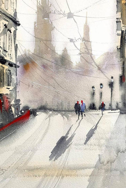 Watercolor painting Winter Morning in the City Olena Klimenko