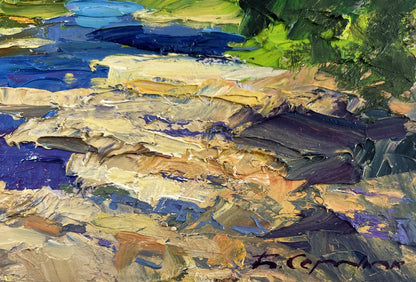 Impasto oil painting of river and mountains by Boris Serdyuk